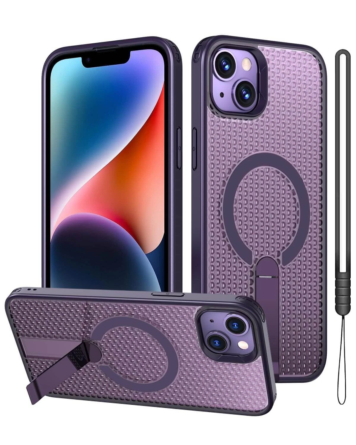 GOTOURED Protective Case for iPhone 13 and iPhone 14, Built-in Metal Kickstand, Compatible with MagSafe Magnetic Wireless Charging, Military-Grade Shockproof Cover with Silicone Lanyard (Purple)