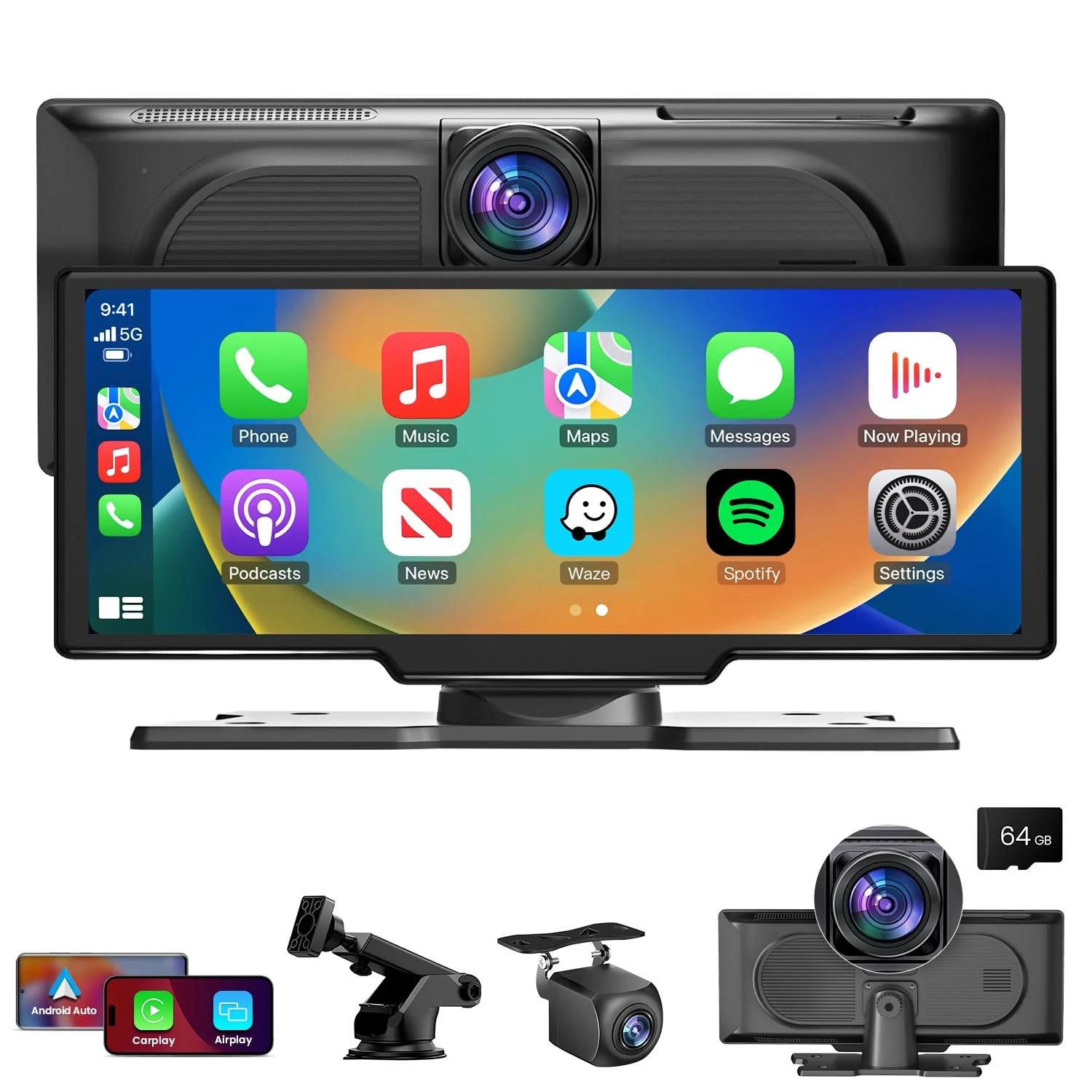 10.26" Wireless CarPlay Touchscreen for Car: 4K Dash Cam Car Play Screen with Carplay & Android Auto 1080p Backup Camera Auto Brightness GPS Navigation Bluetooth Mirror Link