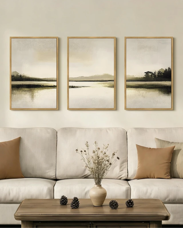 Drsoum Vintage Black Gray Abstract Laker Landscape Wall Art Framed Brown Tan Neutral Prints Minimalist Modern Rustic Artwork Bedroom Living Room Ready to Hang 16x24in Natural Framed