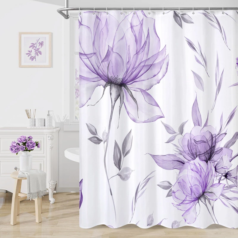 Litabel Extra Long Boho Watercolor Floral Shower Curtain 72 x 84, Purple and Grey Ink Painting Style Flower Shower Curtains for Chic Elegant Bathroom, Artistic XL Fabric Cloth Shower Curtain