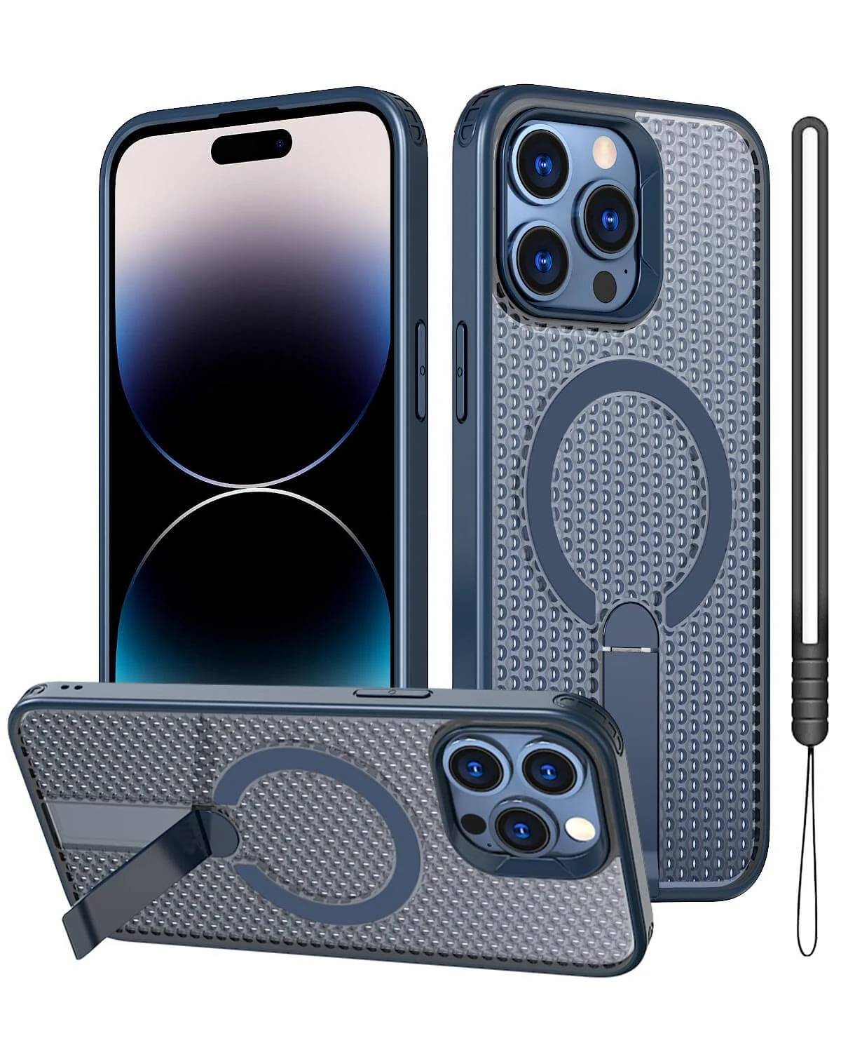 GOTOURED for iPhone 14 Pro Case, Built-in Kickstand & Compatible for MagSafe Magnetic, Shockproof Military Grade Protection Cover, Silicone Strap, Stand for iPhone 14 Pro Phone Case (Blue)