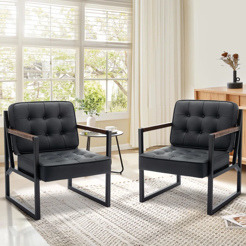 COLAMY Mid Century Modern Accent Chair Set of 2, Comfy Living Room Armchair with Metal Legs, Faux Leather Reception Arm Chair for Living Room Bedroom Reception Office, Black
