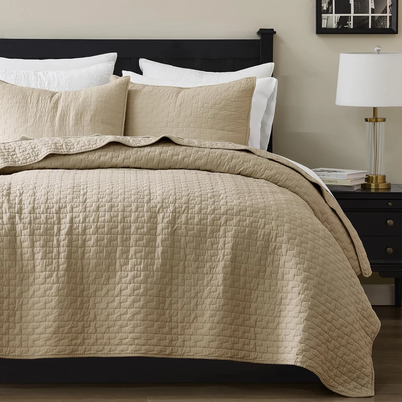 palassio Dark Beige 100% Cotton Quilt King Size Bedding Sets with 2 Pillow Shams, Textured Lightweight Soft Bedspread Shabby Chic Coverlet, Quilted Comforter Bed Cover for All Season, 3 Pieces