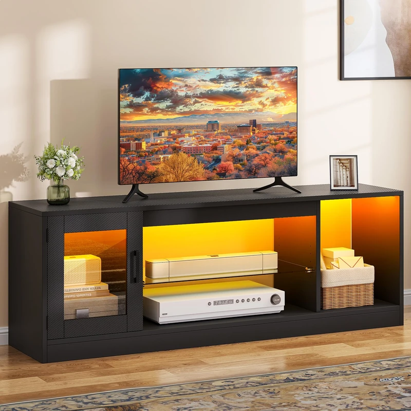 DWVO 148cm TV Stand Cabinet with 7 RGB LED Lights 22 Modes for TVs up to 65 inch – Adjustable Glass Shelves, Entertainment Centre for Living Room, Bedroom Black