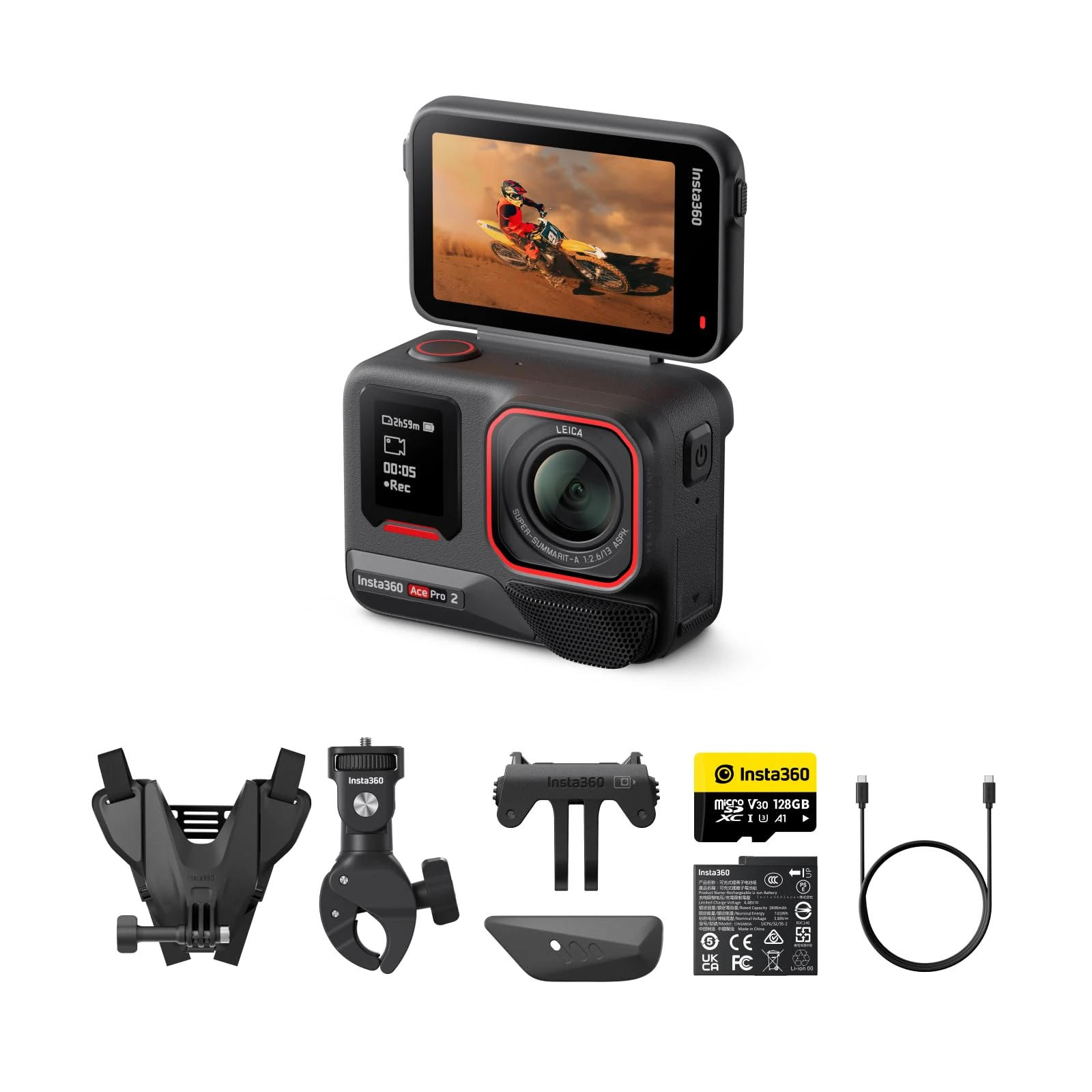 Insta360 Ace Pro 2 Motorcycle Bundle -8K Waterproof Action Camera Co-Engineered with Leica, 1/1.3" Sensor, Dual AI Chip, Leading Low Light, Superior Audio, Flip Screen & AI Editing, Single Battery