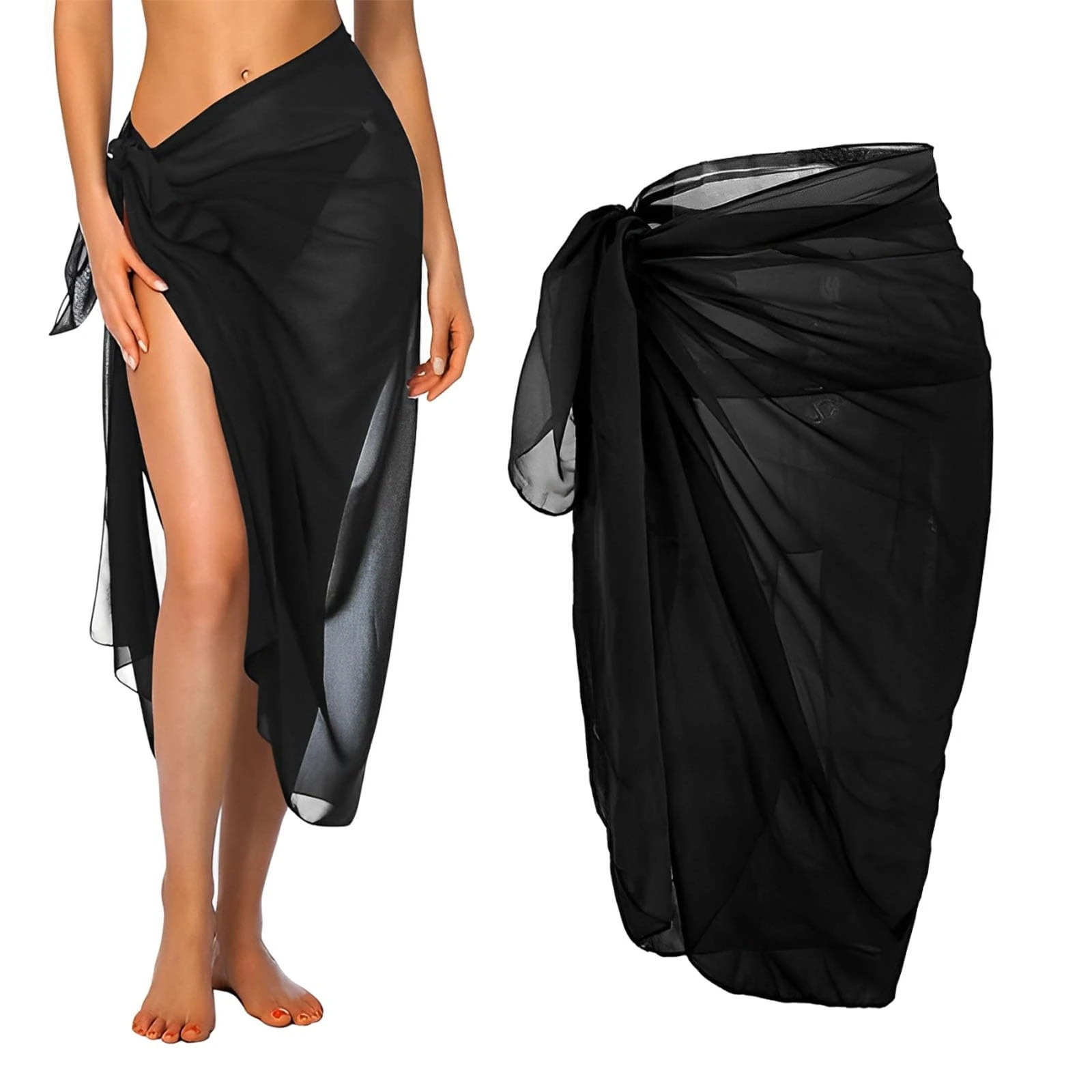 dinghaole Beach Wrap Sarong, Long Beachwear Bikini Cover Up Chiffon Swimsuit Wrap, Women Holiday Beach Wear Cover, Beach Skirts for Women, for on Beaches, Swimming Pools and Cruise Ships Black