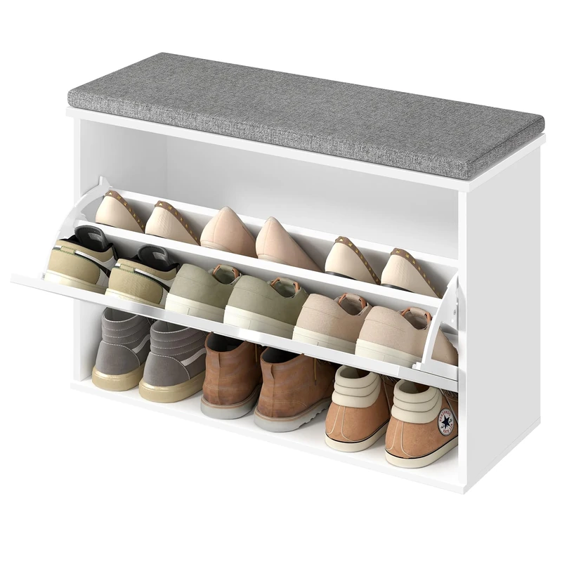 VASAGLE Shoe Storage Bench with Seat, 3-Tier Hallway Bench for 9 Pairs of Shoes, Flip Drawer with Adjustable Divider, 30 x 80 x 53.5 cm, for Entryway, Bedroom, Cloud White and Dove Grey LSB122WB02