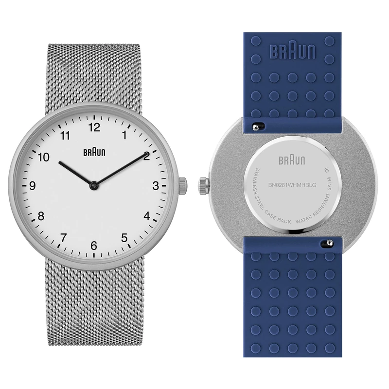 Braun 2-Hand Analogue Quartz Watch, White Dial and Stainless Steel Mesh Strap with Additional Blue Silicone Rubber Strap, Quick-Release Spring Bars, 38mm, Model BN0281WMHMBLG