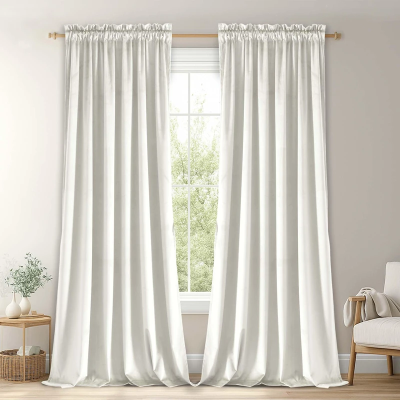 JIUZHEN Ivory Velvet Curtains 96 inches for Living Room - Soft Retro Blackout Velvet Drapes Rod Pocket Room Darkening Thermal Insulated for Bedroom/Gallery, 70W x 96L, 2 Panels with Tiebacks