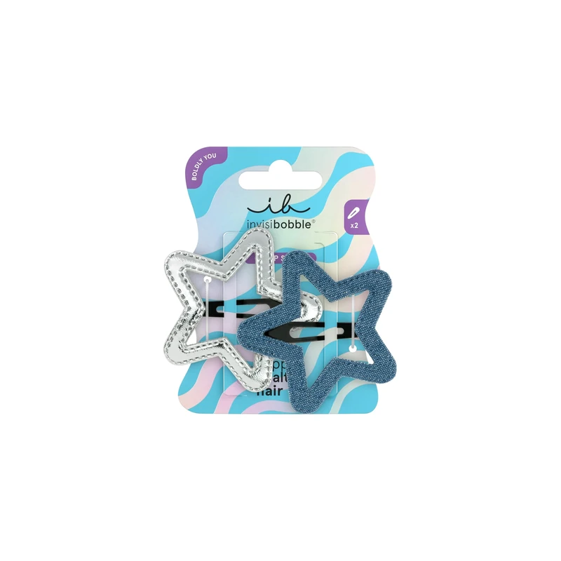 invisibobble Clipstar Starlight Serenade (2 Pieces) - Ladies Star Design Hair Clip - Large Snap Hair Clips in Denim & Glitter - For Thick & Thin Hair - Hair Accessory for Trendy Looks