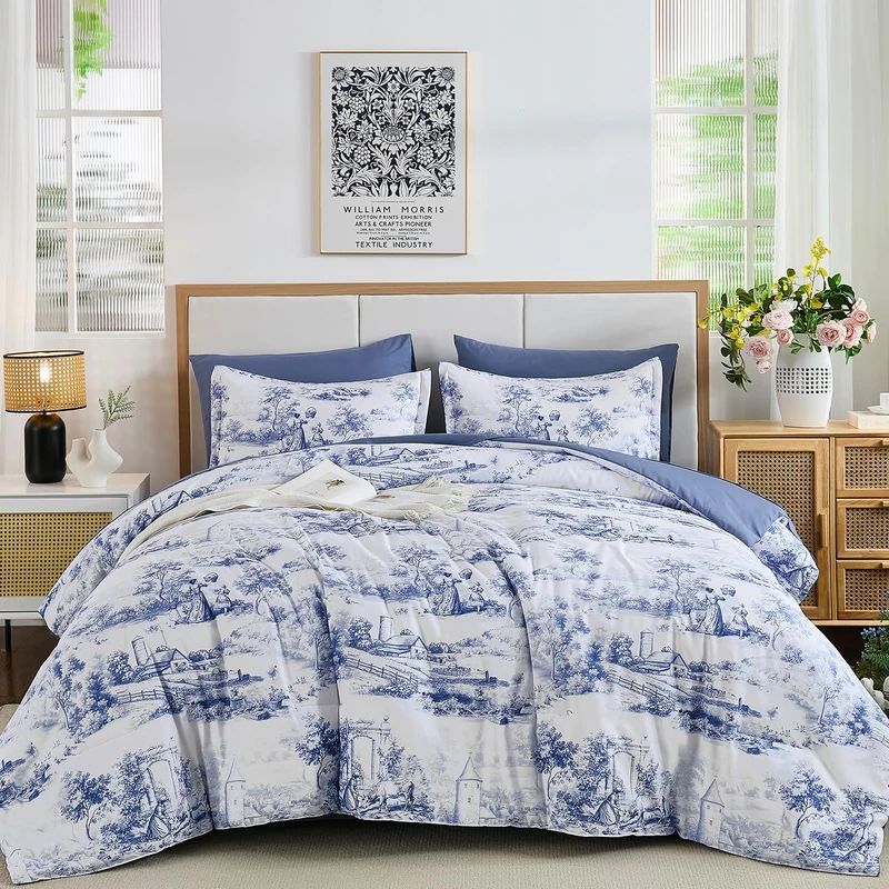 WONGS BEDDING Blue Comforter Set Full, 7 Pieces Bed in a Bag Blue Comforters with Sheets, Vintage Farmhouse Botanical Print Bed Sets, Soft Lightweight Microfiber Complete Bedding Set for All Season
