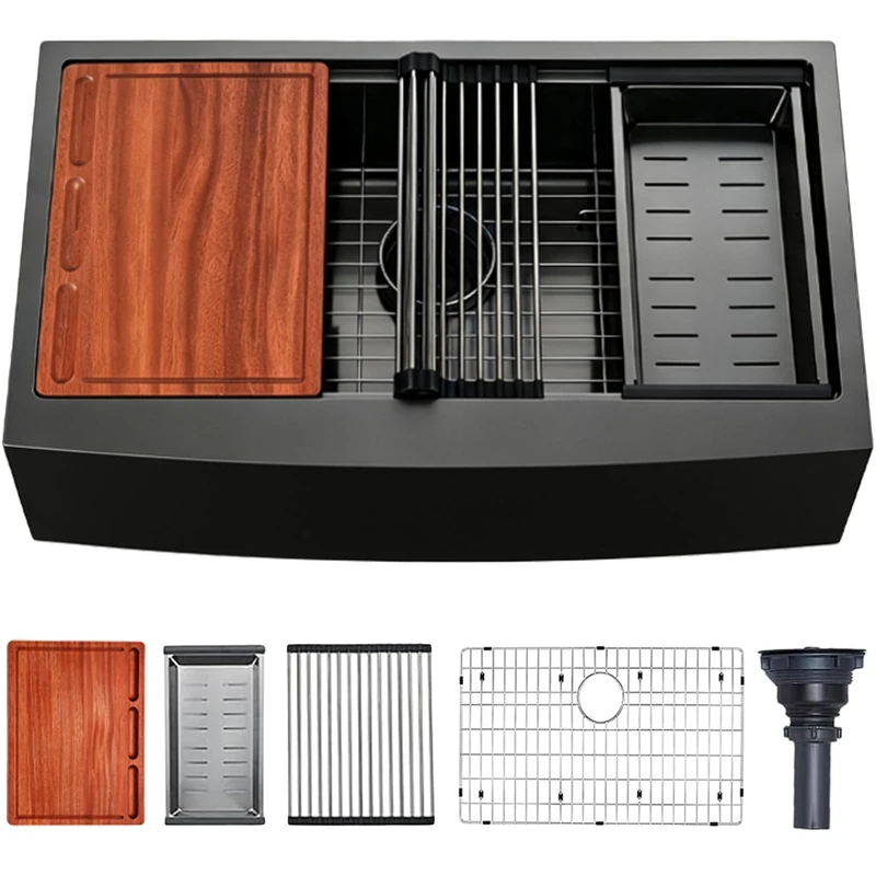 VAPSINT 33 Inch Black Farmhouse Kitchen Sink, 33x20x9 Inches Stainless Steel Undermount 16 Gauge Deep Single Bowl Apron Front Workstation Ledge Farm Sink with Accessories