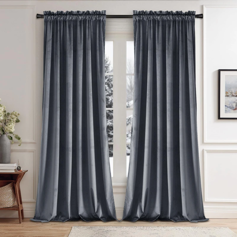 JIUZHEN Dark Grey Velvet Curtains 96 inches for Living Room - Soft Retro Blackout Velvet Drapes Rod Pocket Room Darkening Thermal Insulated for Bedroom/Gallery, 70W x 96L, 2 Panels with Tiebacks