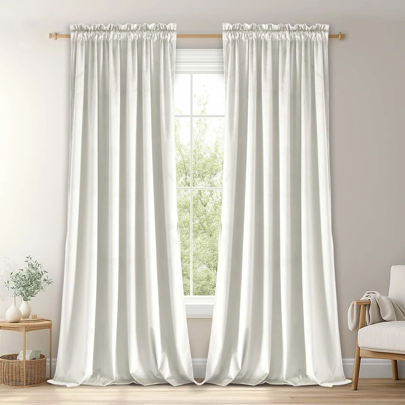 JIUZHEN Ivory Velvet Curtains 90 inches for Living Room - Thermal Insulated Room Darkening Rod Pocket Thick Velvet Window Drapes for Bedroom/Dining Room, Set of 2 with Tiebacks, W70 x L90inches
