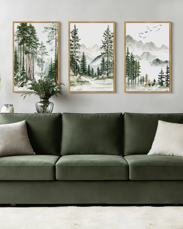 Drsoum Green Tree Forest Mountain Framed Wall Art Nature Landscape Prints Morden Wilderness Artwork Hallway Bedroom Ready to Hang 16x24in Natural Framed