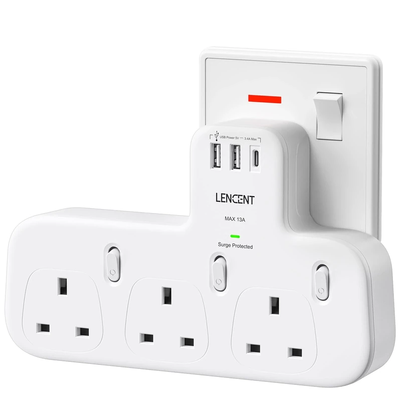 LENCENT 3 Way Plug Extension with 1 USB C and 2 USB Ports, Surge Protected Multi Plug Adapter, 3 AC Wall Charge Extender for Household Appliances, iPhone, Smartphone, Tablets, 13A 3250W