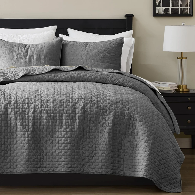 palassio Dark Grey 100% Cotton Quilt King Size Bedding Sets with 2 Pillow Shams, Textured Lightweight Soft Bedspread Shabby Chic Coverlet, Quilted Comforter Bed Cover for All Season, 3 Pieces