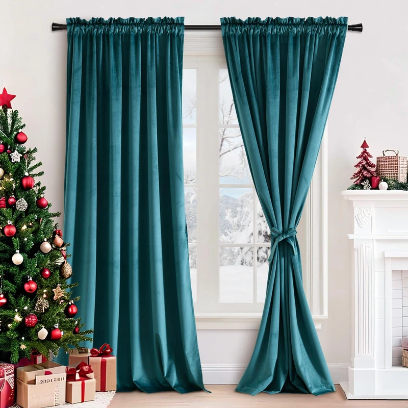 JIUZHEN Teal Velvet Curtains 96 inches for Living Room - Soft Retro Blackout Velvet Drapes Rod Pocket Room Darkening Thermal Insulated for Bedroom/Gallery, 70W x 96L, 2 Panels with Tiebacks
