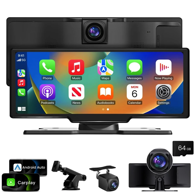 10.26 inch Wireless CarPlay Touchscreen for Car: 4K Dash Cam Car Play Screen with Carplay & Android Auto Portable Car Stereo 1080p Backup Camera Auto Brightness GPS Navigation Bluetooth Mirror Link