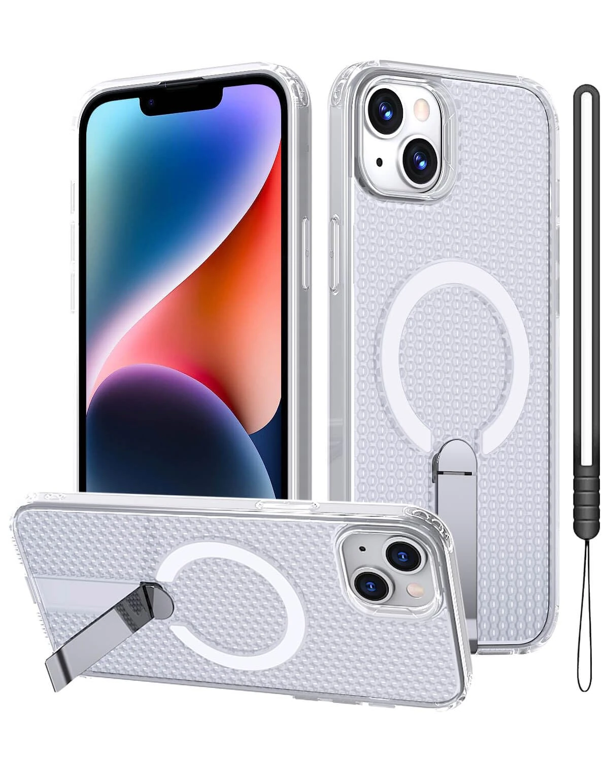 GOTOURED Protective Case for iPhone 13 and iPhone 14, Built-in Metal Kickstand, Compatible with MagSafe Magnetic Wireless Charging, Military-Grade Shockproof Cover with Silicone Lanyard (Clear)