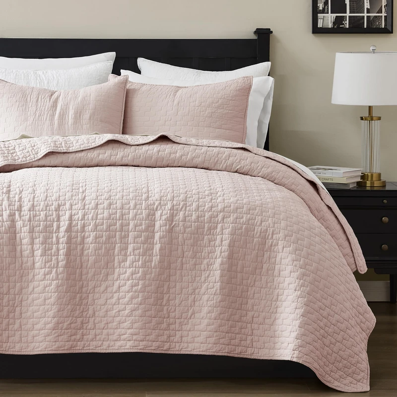 palassio Pink 100% Cotton Quilt Queen Size Bedding Sets with 2 Pillow Shams, Textured Lightweight Soft Bedspread Shabby Chic Coverlet, Quilted Comforter Bed Cover for All Season, 3 Pieces