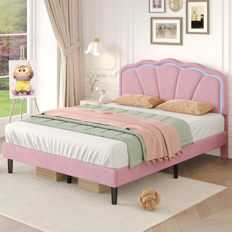 Ball & Cast Double Shell Shape Upholstered Bed Frame with LED & Adjustable Headboard,4ft6(135 x 190Cm) Soft Velvet Platform Bed,No Box Spring Needed, App or Remote Control, No Mattress, Pink