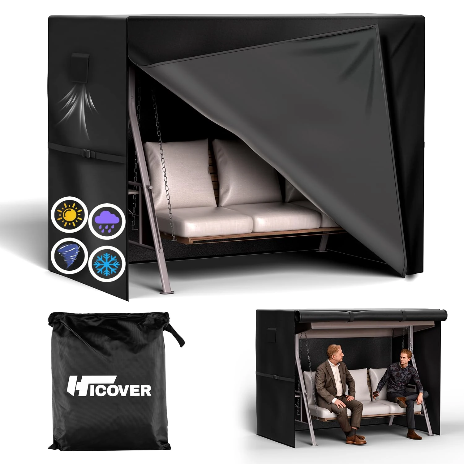 HICOVER 3 Seater Garden Swing Covers Waterproof Heavy Duty 600D Oxford Fabric Outdoor Swing Chair Cover Windproof Anti-UV Patio Garden Hammock Cover with Waterproof Zips (Black, 215x125x170cm)