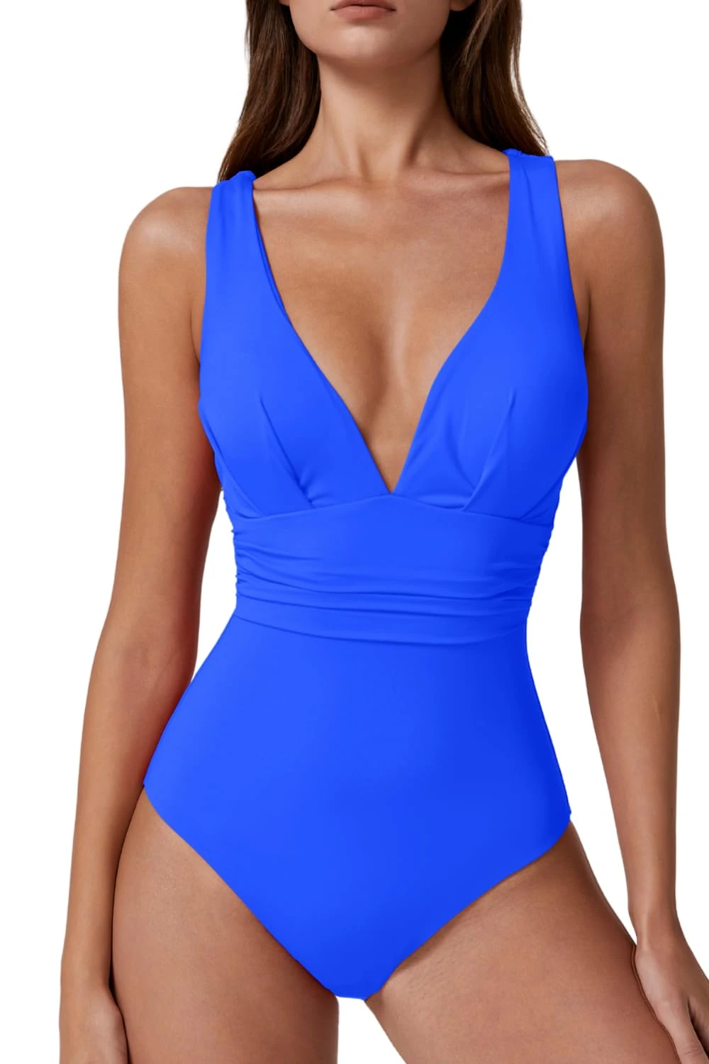 QINSEN Womens Sexy V Neck One Piece Bathing Suit Cross Back Swimsuit High Waist Monokini, Sapphire Blue, Medium