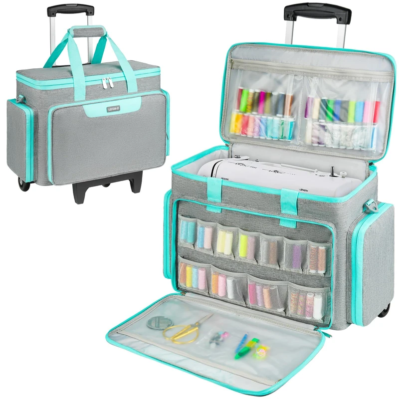 LEFOR·Z Rolling Sewing Machine Case with Wheels,Sewing Machine Carrying Bag,Trolley Tote Bag Fits for Most Standard Singer,Brother,Janome Sewing Machine and Accessories,Grey/Green