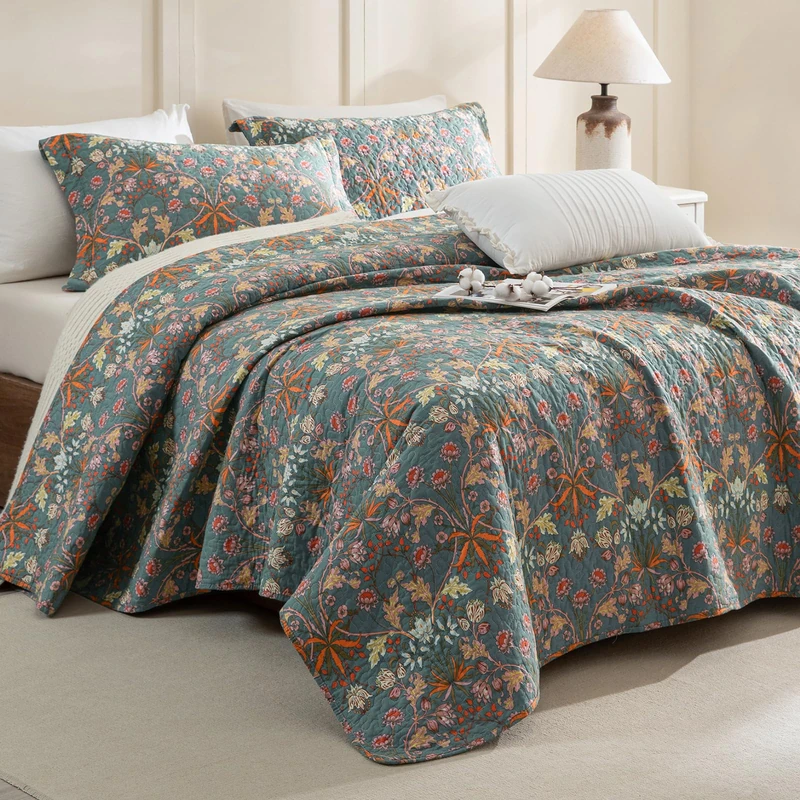 Sanracie Oversized King Bedspread 128"x120",100% Cotton Lightweight Breathable Flower Botanical Printed Pattern Quilted Bedspreads Set 3Pcs Extra Soft Aesthetic Coverlet Set for All Season