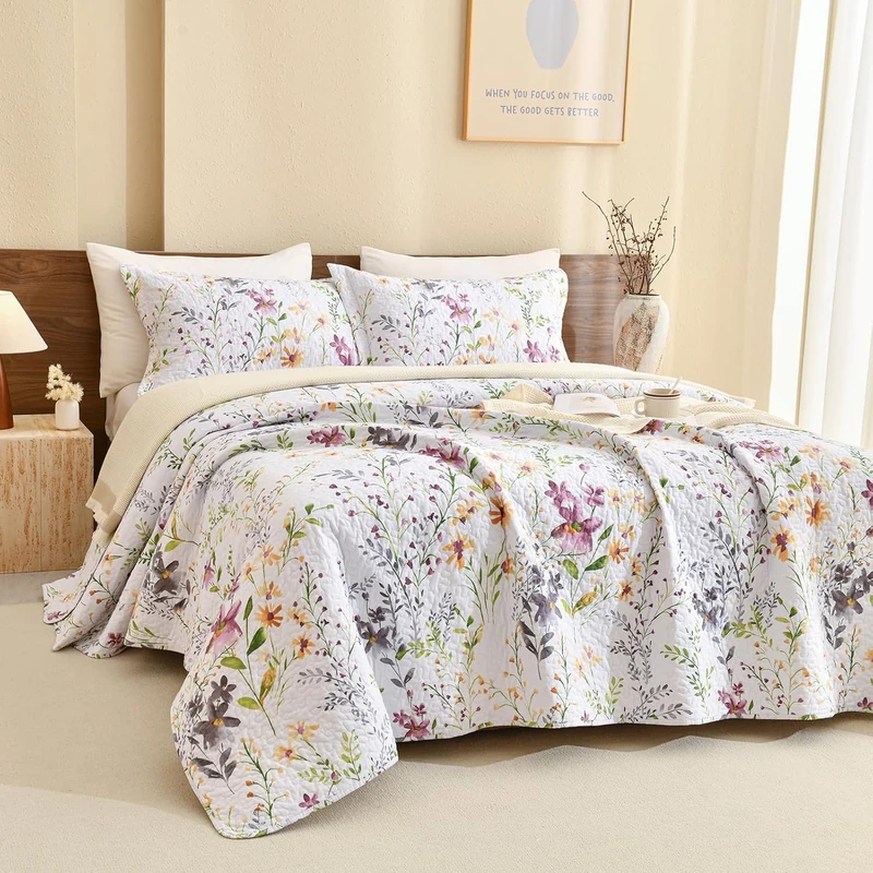 Sanracie Oversized Queen Quilt Bedspread Set(102"x118"), 100% Cotton Floral Quilted Set 3Pcs Yellow Wild Flower Botanical Printed Pattern Bedding Set for All Seasons