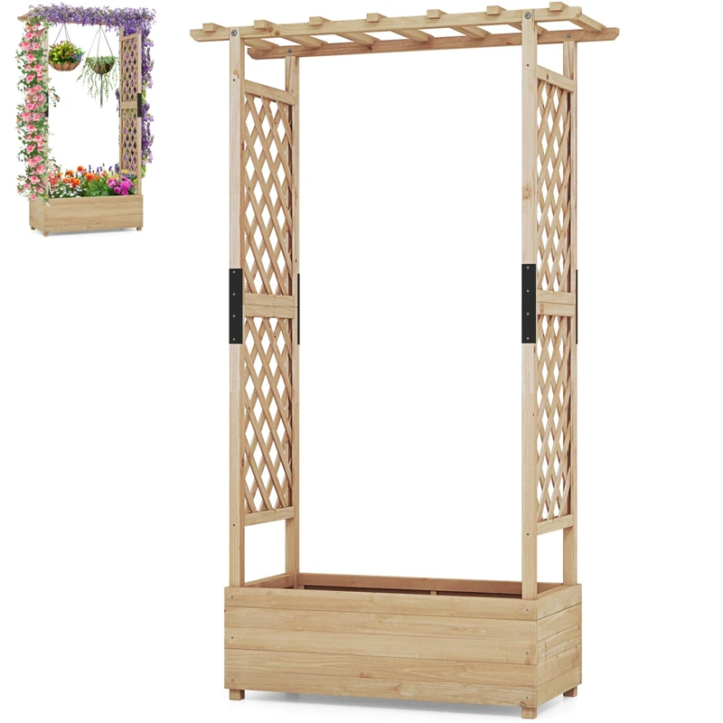 GiantexUK Raised Garden Bed with Arch Trellis (Natural, 110x44x180cm)