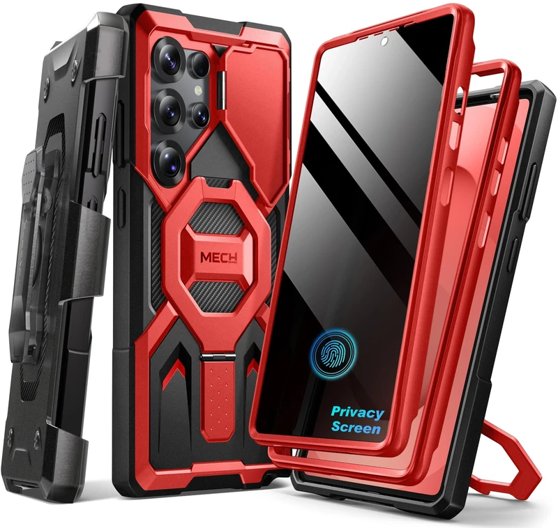 Tongate Magnetic Stand for Samsung Galaxy S25 Ultra Case with Privacy Screen Protector, [Compatible with Magsafe] [Military Drop Protection] S25 Ultra Case with Camera Cover & Belt Clip, Red Privacy