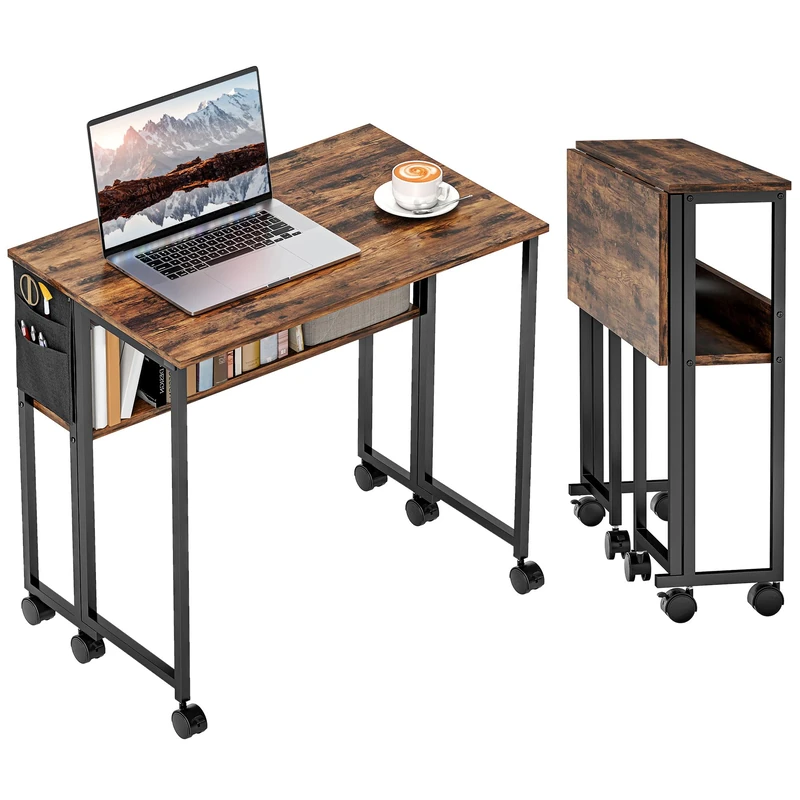 HOMCOM Folding Desk with Storage Shelf and Bag, 80 cm Foldable Computer Desk for Small Spaces, Space Saving Writing Table on Wheels for Home Office, Bedroom, Easy Assembly, Rustic Brown