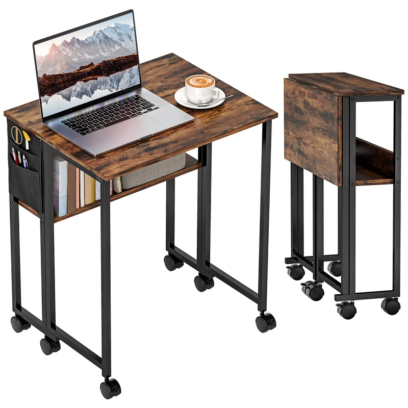 HOMCOM Folding Desk with Storage Shelf and Bag, 63 cm Foldable Computer Desk for Small Spaces, Space Saving Writing Table on Wheels for Home Office, Bedroom, Easy Assembly, Rustic Brown