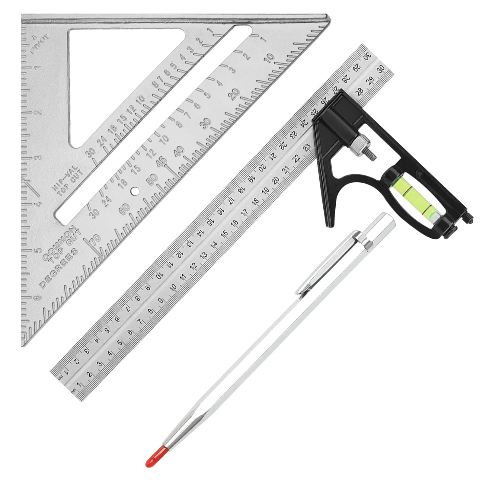 2 Pcs Combination Triangle Rule, 12 Inch Combination Square with Spirit Level and 45-90 Degree Marking, Speed Squares 7 inch with Marking Pen for Accurate Measurement