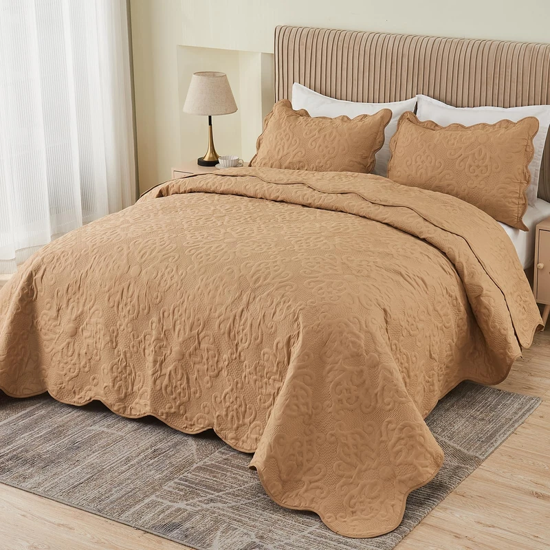 Oversized King Bedspreads 128x120 Extra Wide Quilt for Tall Bed Lightweight 3 Piece Quilted Coverlet Pillow Shams Set Khaki