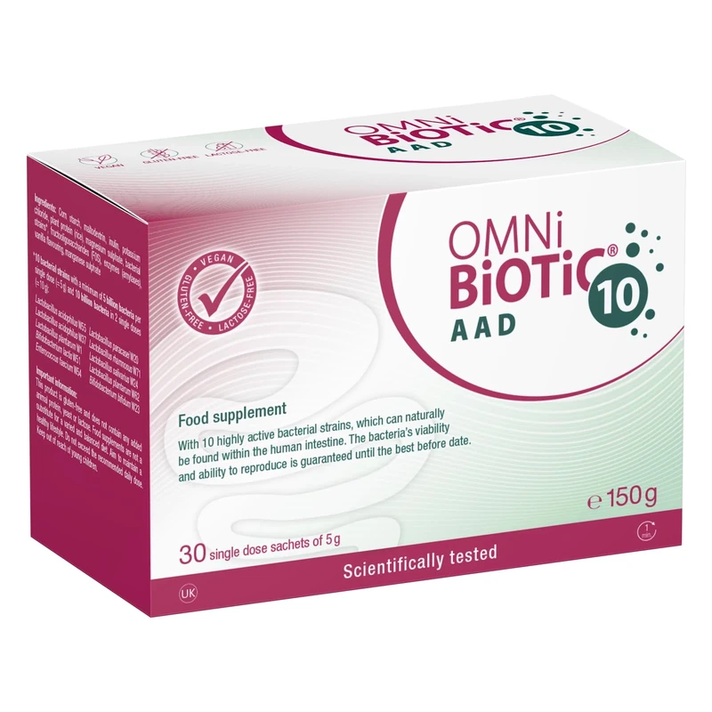 OMNi BiOTiC 10 AAD | Probiotic for Antibiotics | Use During and After Any Course of Antibiotics | 30 Sachets (150 g) | Powder | with Inulin | Vegan | Gluten-Free | Lactose-Free