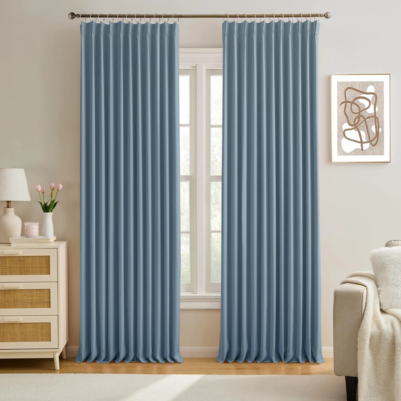 KEQIAOSUOCAI Pinch Pleated Blackout Curtain Drapes for Window 84" L - Triple Weave Energy Saving Thermal Room Divider Blackout Panels for Patio (72" Wide per Panel, 2 Panels, Dusty Blue)