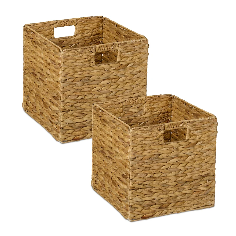 Relaxdays Storage Basket, Set of 2, Water Hyacinth, Cube Shelf Box, 30x30x30 cm, Organiser for Clothes & Toys, Natural, Plant fibre, Iron