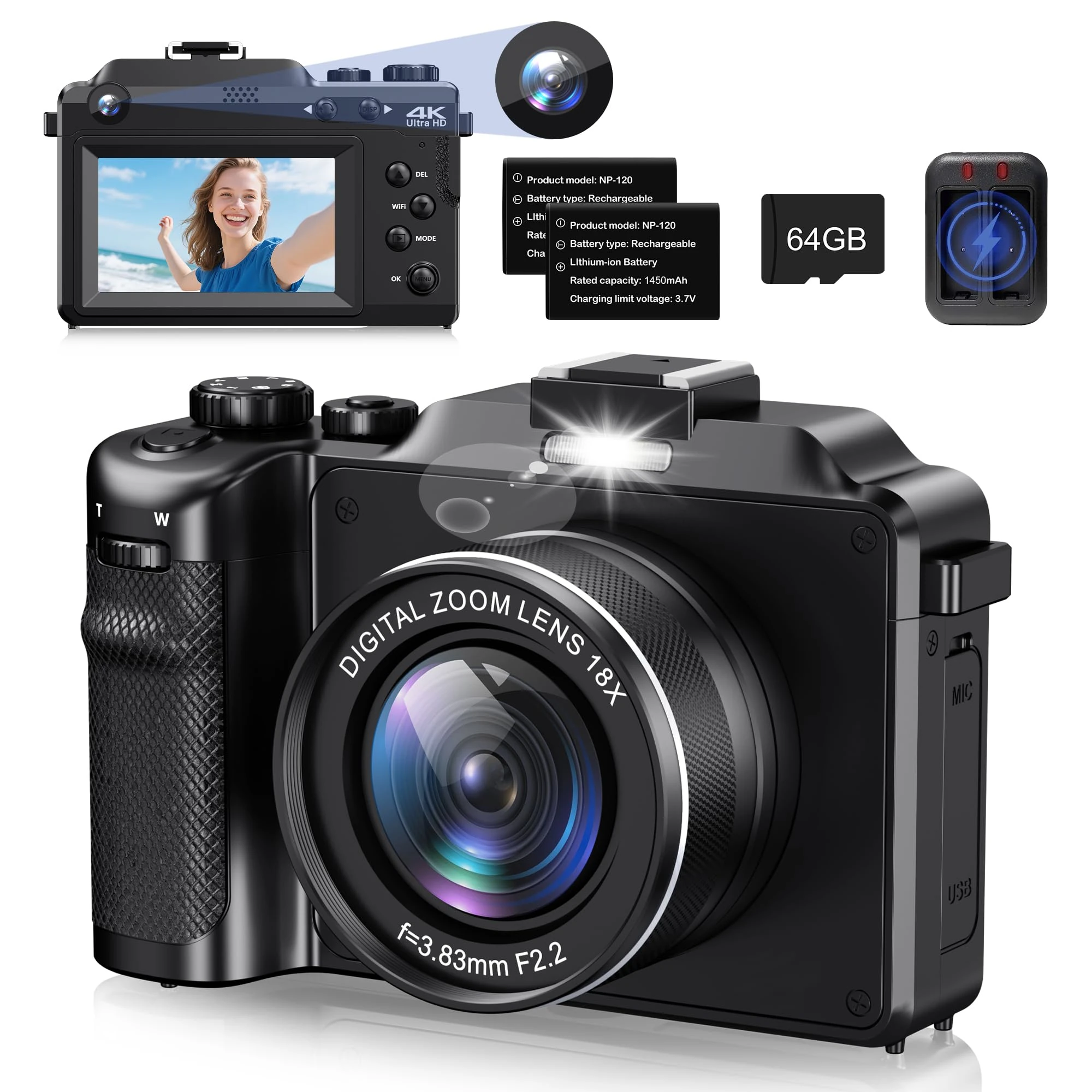 Digital Camera, 4K 64MP Autofoucs Vlogging Camera with 18X Digital Zoom, Compact Digital Camera with Flash Light & Anti-Shake, Photography Camera for Teenagers Beginners, 2 Batteries, 64G TF Cards