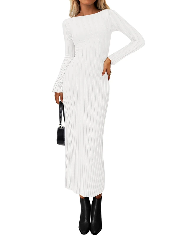 PRETTYGARDEN Womens Sweater Dress Fall 2025 Casual Boat Neck Long Sleeve Pullover Ribbed Knit Bodycon Maxi Sweater Dresses, White, XL - Image 1
