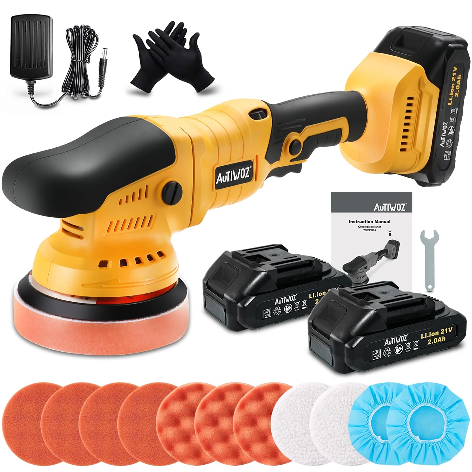 AUTIWOZ Cordless Car Polisher Buffer Sander Battery Polishing Machine Dual Action 5inch Polishing Pads Polish Kit for Car Polishing Buffing Sanding with 2*21V Batteries Variable Speeds 2800-5800RPM