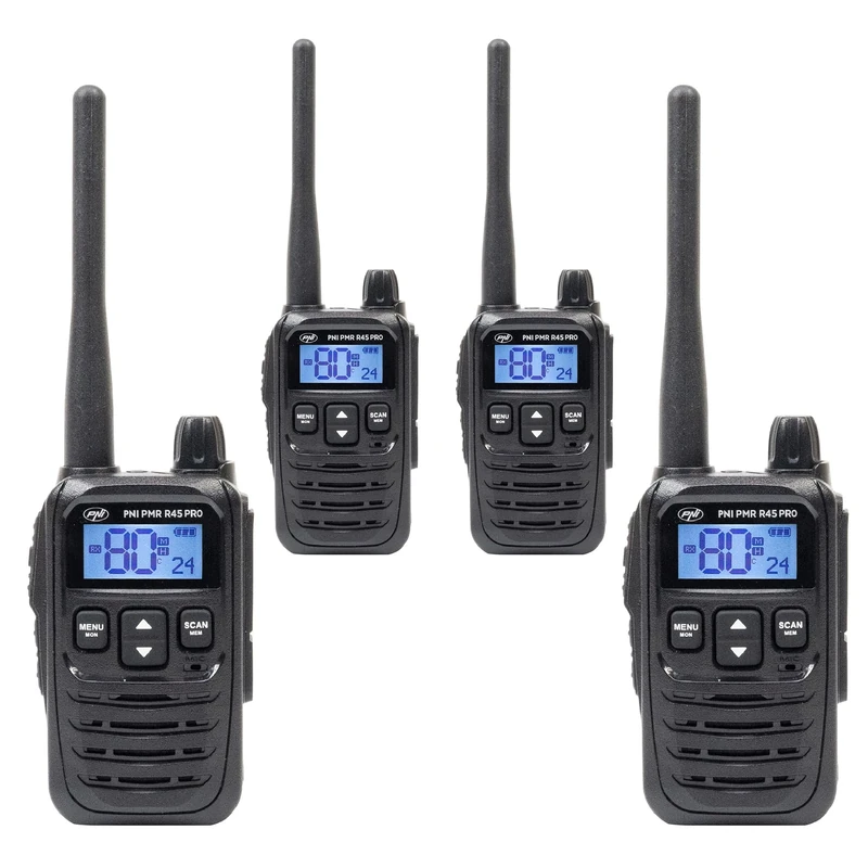 Kit of 4 portable radio stations PNI PMR R45 PRO 446MHz, 0.5W, 99 programmable channels, 16 PMR and 38 CTCSS and 104 DCS tones, 5-level Squelch, VOX, TOT, BCL, Scan, Roger Beep