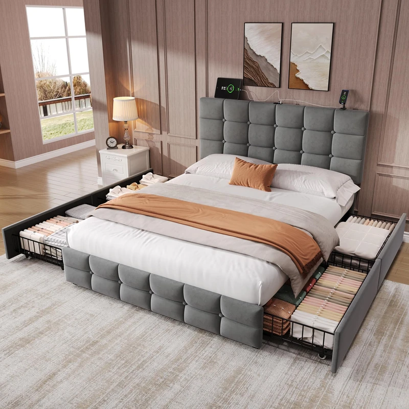 Ball & Cast 4ft6 Double Bed Frame with 4 Storage Drawers, Platform Bed with Adjustable Channel Tufted Headboard, Velvet, Sturdy Metal-Wood Support, No Box Spring Needed, Easy Assembly, Grey