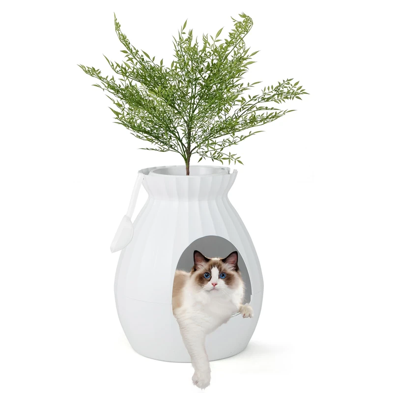 FANTASK 2 in 1 Cat Litter Tray, 63L Intelligent Odour Elimination & Sterilisation with Door Curtain, Flower Pot Style with Artificial Plant, Pebbles & Shovel - Image 1