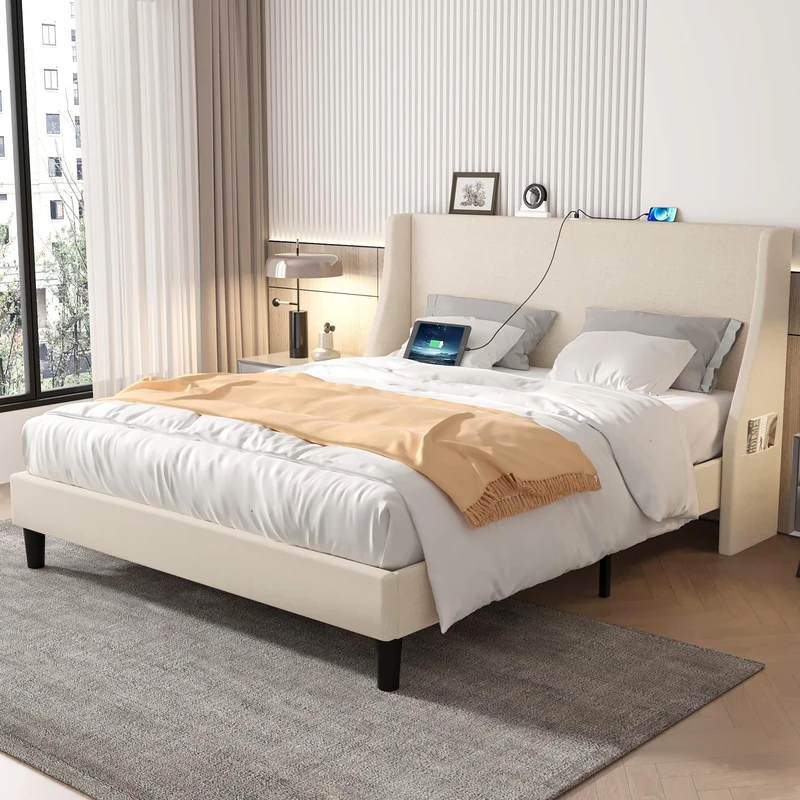 VECELO 4ft6 Double Bed Frame with Wingback Upholstered Headboard, 135x190 cm Platform Beds with Charging Station, Wooden Slats, No Box Spring Needed