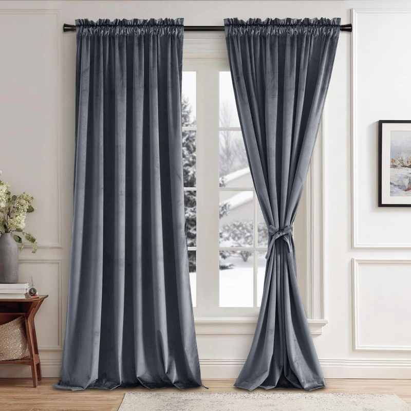 JIUZHEN Dark Grey Velvet Curtains Blackout Long Curtain Shades Thermal Insulated Room Deco Blackout Draperies/Drapes for Kitchen/Living Room/Bedroom, 2 Panels, 52W x 120L
