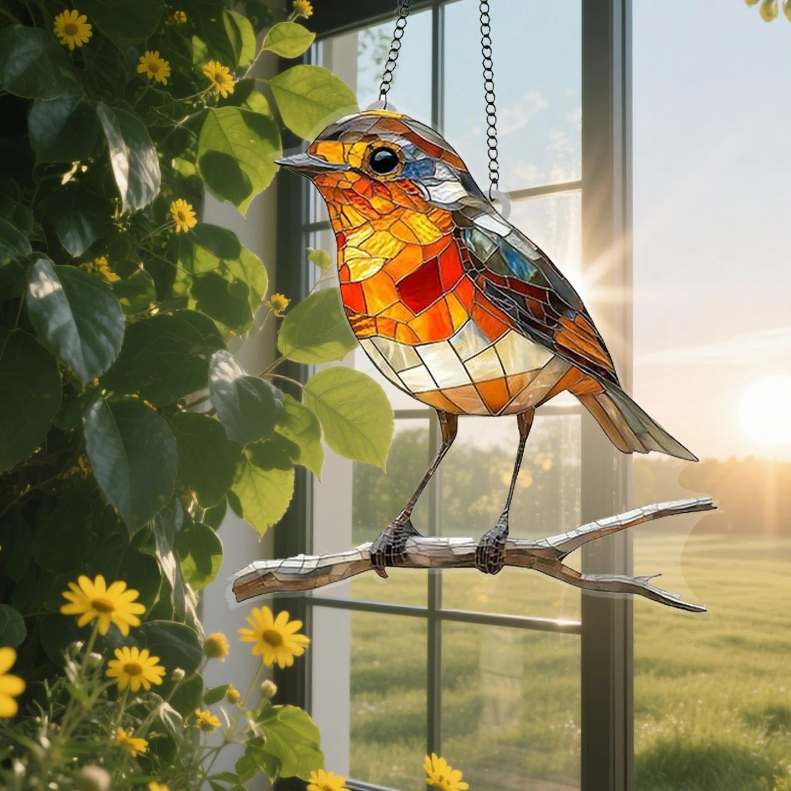 Robin On Branch Sun Catchers For Window, Acrylic Hanging Garden Suncatchers, High-Transparency Clear Stained Ornament With Bird Patterns For Home Wall Outside Porch Room