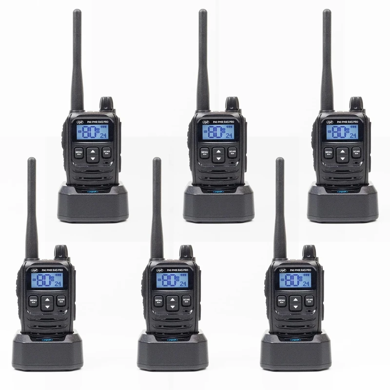 Kit of 6 portable radio stations PNI PMR R45 PRO 446MHz, 0.5W, 99 programmable channels, 16 PMR and 38 CTCSS and 104 DCS tones, 5-level Squelch, VOX, TOT, BCL, Scan, Roger Beep